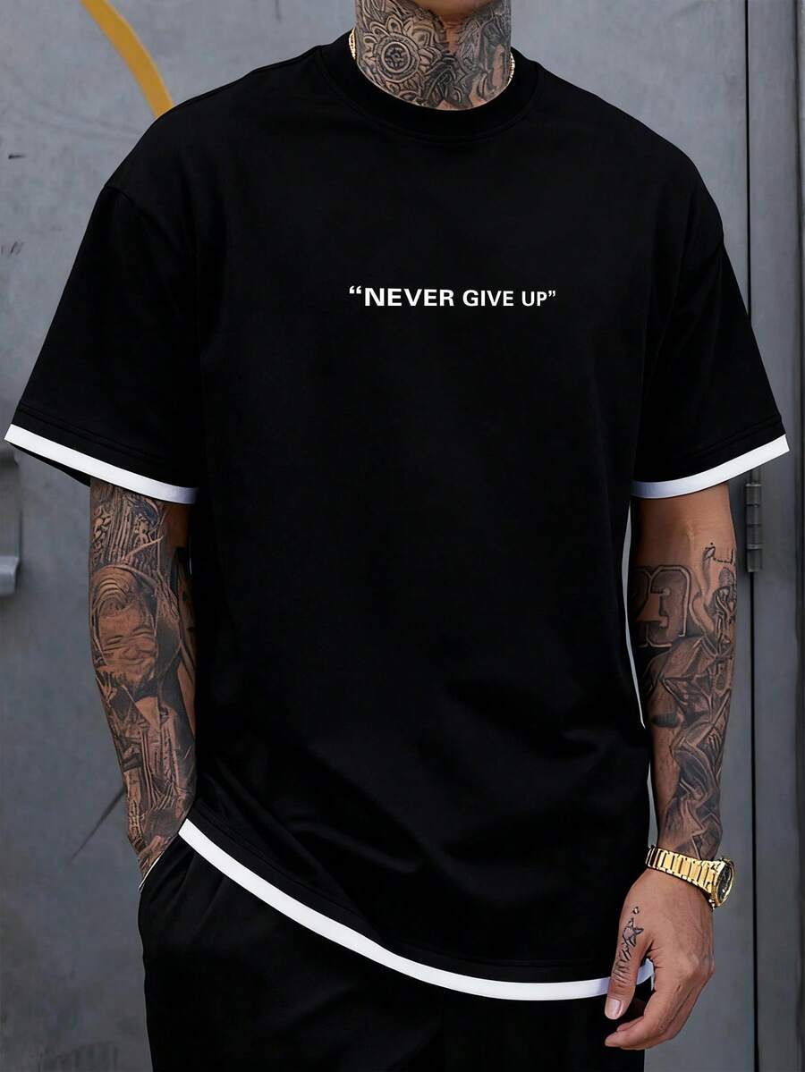 男士休闲日常通勤标语印花撞色滚边短袖T恤，春夏款 - 黑色 - 查看 1