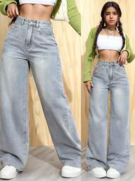 Pantalones rectos sueltos de alta gama, color claro, versátiles, ajustados, de moda, para mujer, talla pequeña, cintura alta, pierna ancha, jeans azul claro