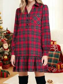 Women's Plaid Fall Dress Fashionable Casual V Neck Half Button Front Long Sleeve Ruffle Hem Dress - Red - View 4