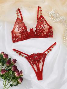 情人节女士性感内衣套装，火焰刺绣薄款红色文胸套装 - 紅色 - 查看 4