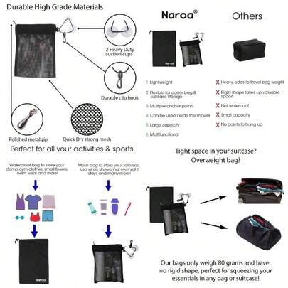 Waterproof Multifunctional Toiletry Shower Bag Gym, Travel, Business and Foldable Portable Hanging Bathroom Mesh Caddy with Wet Dry Storage Suction Hook Tote Men Women