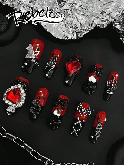 10 Pieces Of Hand Pressed Coffin-Shaped Nails, Beautiful Fake Nails, DIY, Red And Black Contrasting Colors With Diamond Inlays, Elements Of Heart, Butterflies, And Snake Patterns, Dark Sweet And Cool, Both A And Sassy,For Girls And Ladies In Weddings, Parties, Holiday Scenes, Gift A Nail Kit Nail Supplies