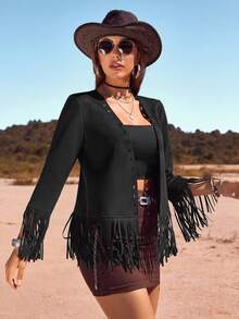 RELISH NOLESS Western Wear Women Cowgirl Outfit Boho Hippie Old Money Bohemian Festival Suede Fringe Jacket