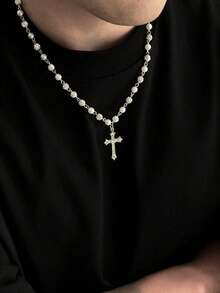 1pc Fashion Punk Style Simple Waterdrop Crystal & Faux Pearl Men Necklace, Daily Wear, Gift For Friends/Holidays - Christmas, New Year, Valentine's Day - White - View 7