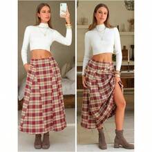 - Falda larga de franela a cuadros para mujer, cintura alta, acampanada, plisada, estilo casual, clsico, oficina, con bolsillos - Tartán rojo vino + G - Ver 4