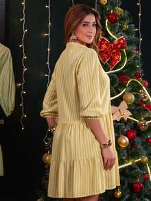 Women's Striped Midi Dress With Shirt Collar And Bishop Sleeves, Casual, With Buttons, Asymmetrical Hem, Summer And Beach. - 奶油黃 - 查看 4