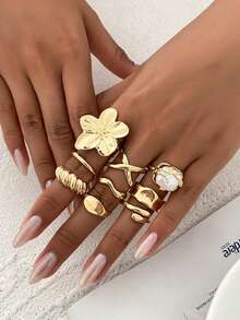 11 件/套时尚金属几何镂空液体抽象水滴设计开口戒指，复古波西米亚巴洛克风格仿珍珠装饰戒指套装，女士时尚首饰套装，适合日常装扮、海滩度假和派对配饰 - 金黃色 - 查看 16