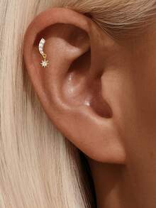 1Pc 925 Sterling Silver Stud Earrings For Women Tiny Cubic Zirconia Cartilage Stud Earrings Hypoallergenic Piercing Body Jewelry Christmas Valentine's Birthday Gifts - Gold - View 8