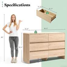 6 Drawer Dresser For Living Space, 49'' Long Modern Chest Of Storage Drawers With Rounded Corners, Wood Cabinet Organizer For Apartment, Nursery, Entryway, Easy Assembly - Tự nhiên - Xem 2