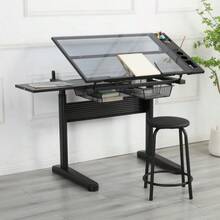 Glass Drafting Table Height Adjustable Drawing Desk With Stool Black Metal Frame 98x60cm Tilting Tabletop Storage Drawers - Black - View 4