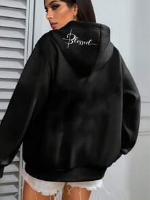 Fashion Plus Size Letter Print Hoodie - Women's Comfortable Long Sleeve Sweatshirt For Autumn And Winter, Soft Casual Thickened Warm Top - 黑色 - 查看 8