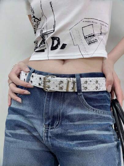 1pc New Fashionable Luxury Belt, Black Punk Accessory, Blue Denim Cinch Waist Belt, Y2K Star Hollow Buckle, Unisex