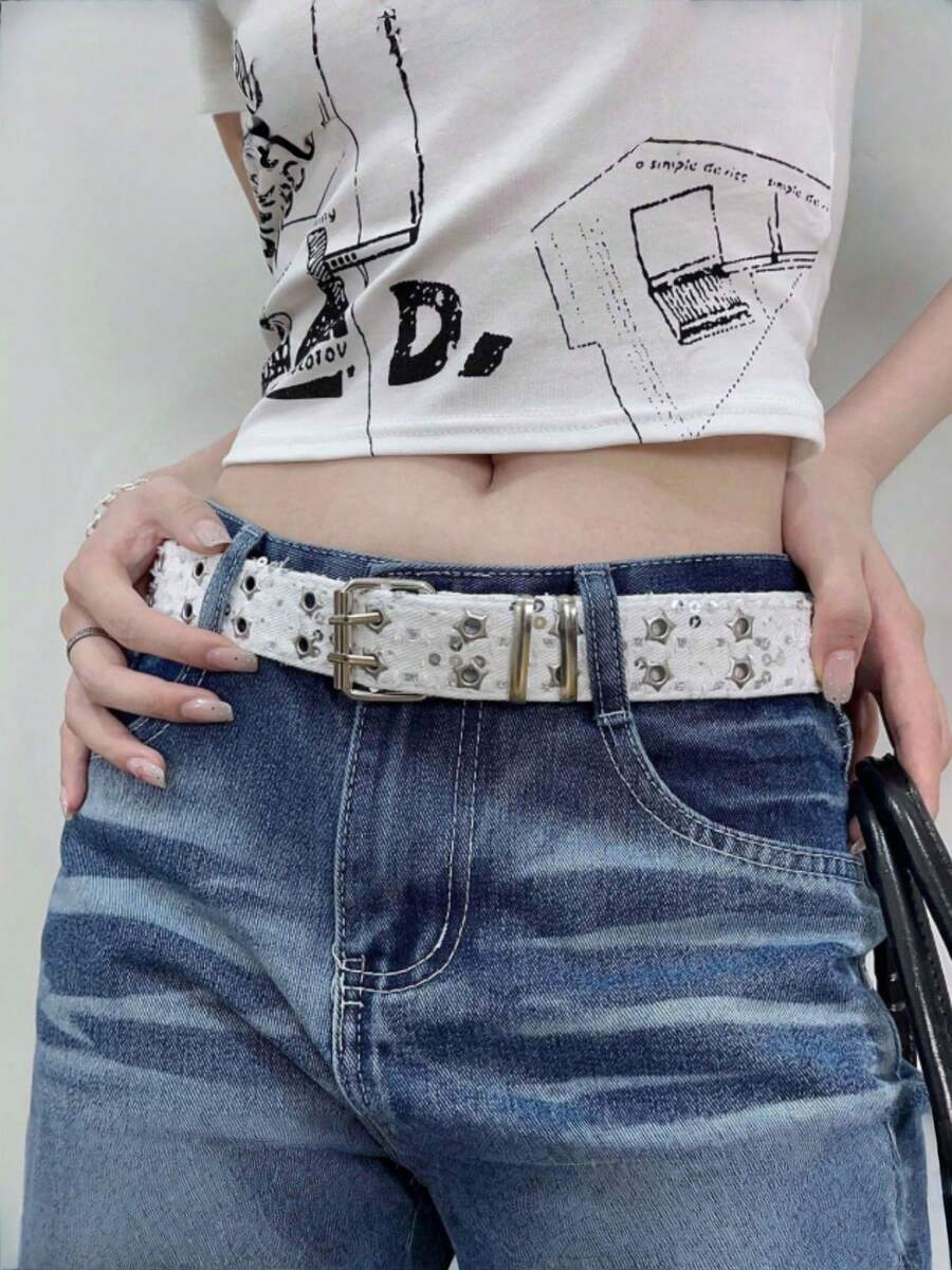 1件新款时尚奢华腰带，黑色朋克风配饰，蓝色牛仔布束腰带，Y2K星形镂空扣，男女通用 - 藍色 - 查看 1