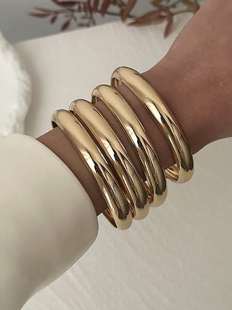 Bộ 4 vòng tay dày đính xu cổ điển tối giản phóng đại, thiết kế đơn giản thanh lịch theo phong cách retro, thích hợp cho ngày lễ, tiệc tùng, hẹn hò, làm quà tặng, đeo hàng ngày - Vàng - Xem 1