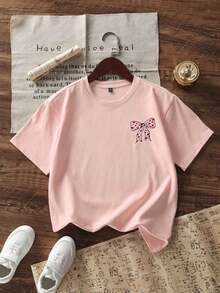 Young Girl Casual Graphic Print Crew Neck Short Sleeve T-Shirt, Summer Top - Pink - View 5