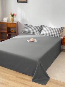 4件套灰红格子图案床上用品套装（1个被套、2个枕套、1个床单），优雅无填充款式，亲肤舒适，适用于单人/双人床，四季皆宜。 - 灰色 - 查看 5