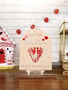 Our First Valentine's Day Footprint Wooden Board - Our Little Valentine's Day Wooden Milestone, Baby Footprint Wooden Craft, First Valentine's Day Memorial Milestone, Mini Valentine's Day Baby DIY Wooden Board - Khaki - View 1