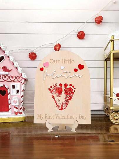 Our First Valentine's Day Footprint Wooden Board - Our Little Valentine's Day Wooden Milestone, Baby Footprint Wooden Craft, First Valentine's Day Memorial Milestone, Mini Valentine's Day Baby DIY Wooden Board