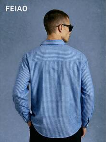 男士复古硬币纹纽扣前襟条纹做旧长袖衬衫，休闲百搭，适合所有季节 - 藍白色 - 查看 2