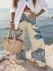 女式春夏时尚休闲舒适鱼纹口袋细节裤波西米亚风假日