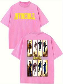 Men's Invincible Comics Graphic T-Shirt - Casual Short-Sleeve Superhero Fan Top With "INVINCIBLE" Print, Desert Vibes Design, Machine Washable, Perfect For Cosplay & Casual Attire, Everyday Tshirt| Regular Fit Shirt| Easycare Fabric, Comic Book - 玫紅色 - 查看 12