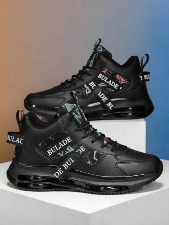 New Solid Black High-Top Sneakers For Men, Suitable For Street, Running, Skateboarding, Featuring Printed Panels, Breathable Fabric, Soft & Cushioned Soles For City Walks & Casual Outings