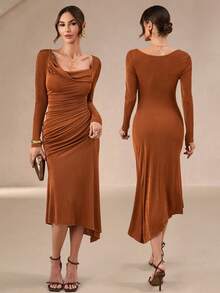 女士长袖喇叭裙 女士长袖新年婚礼 - 棕色 - 查看 3