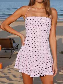 Women's Dots Print Mini Dress Sleeveless Spaghetti Strap A-Line Dress Summer Casual Dress - Purple - View 2
