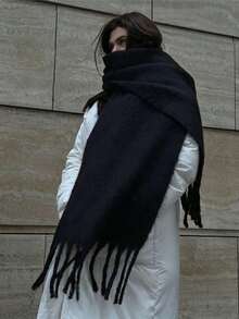 1 szt. Damski, jednokolorowy, swobodny, gruby, frędzlowany szalik kaszmirowy, ciepły szal, wielofunkcyjny ocieplacz na szyję, odpowiedni na jesień/zimę