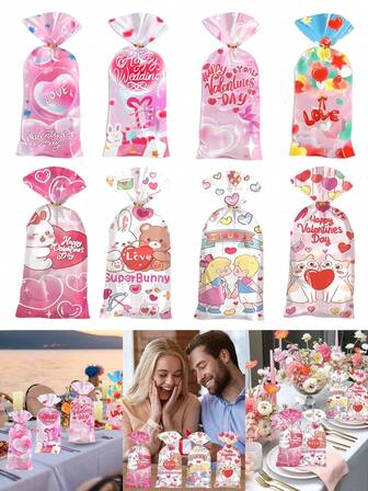 100 piezas Bolsas de regalo con elementos del Día de San Valentín - Estilos surtidos, corazón, AMOR y patrones de dibujos animados lindos | Bolsas de regalo del Día de San Valentín, bolsas de almacenamiento de joyas, bolsas de embalaje de aperitivos, decoración de mesa festiva