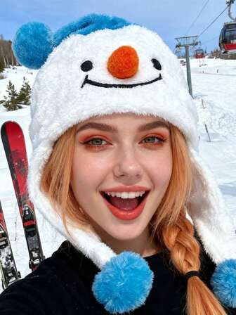 1 Stück, süße Plüsch Schneemann Mütze - festliche Weihnachts-/Wintermütze mit Ohrklappen, Geschenk für Frauen/Jugendliche