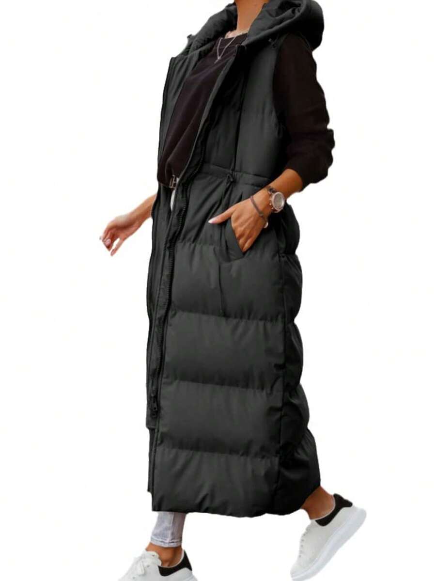 Women's Long Quilted Vest Hooded Maxi Length Sleeveless Puffer Vest Padded Coat Winter Outerwear - màu đen - Xem 1