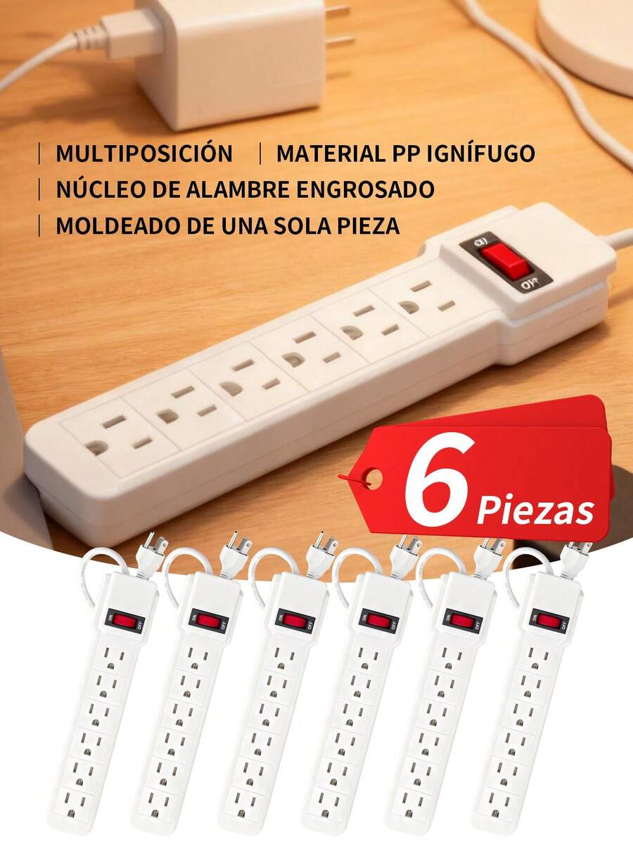 6 Piezas EXTENSION MULTICONTACTO REGLETA 6 ENCHUFES Tira de alimentación eléctrica de CA, enchufe de 6 pines con interruptor, 6 salidas, cable de extensión.