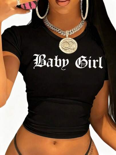 Blazique Women Baby Girl Letter Print Crop Tee, Casual Round Neck, Polyester Knit Fabric With Spandex, Short Design, Suitable For All SeasonsNew Year