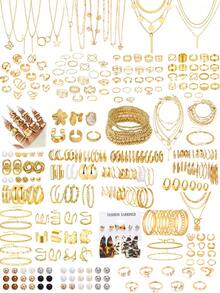 86/70/62/56/43pcs Fashionable Minimalist Elegant Vintage Design Cute Multi-Piece Stackable Chunky Geometric Flower Knot Water Drop Tassel Pendant Round Disc Resin Rhinestone Faux Pearl Faux Gem Star Moon Wave Snake Butterfly OT Clasp 8 Infinity Symbol Twist Knot Chain Snake Bone Chain Box Chain Multi-Layer Smooth Minimalist Plain Circle Cross Leopard Print Multi-Element Metal Style Jewelry Set, Suitable For Holiday, Party, Date, Daily Wear - Yellow Gold - View 1