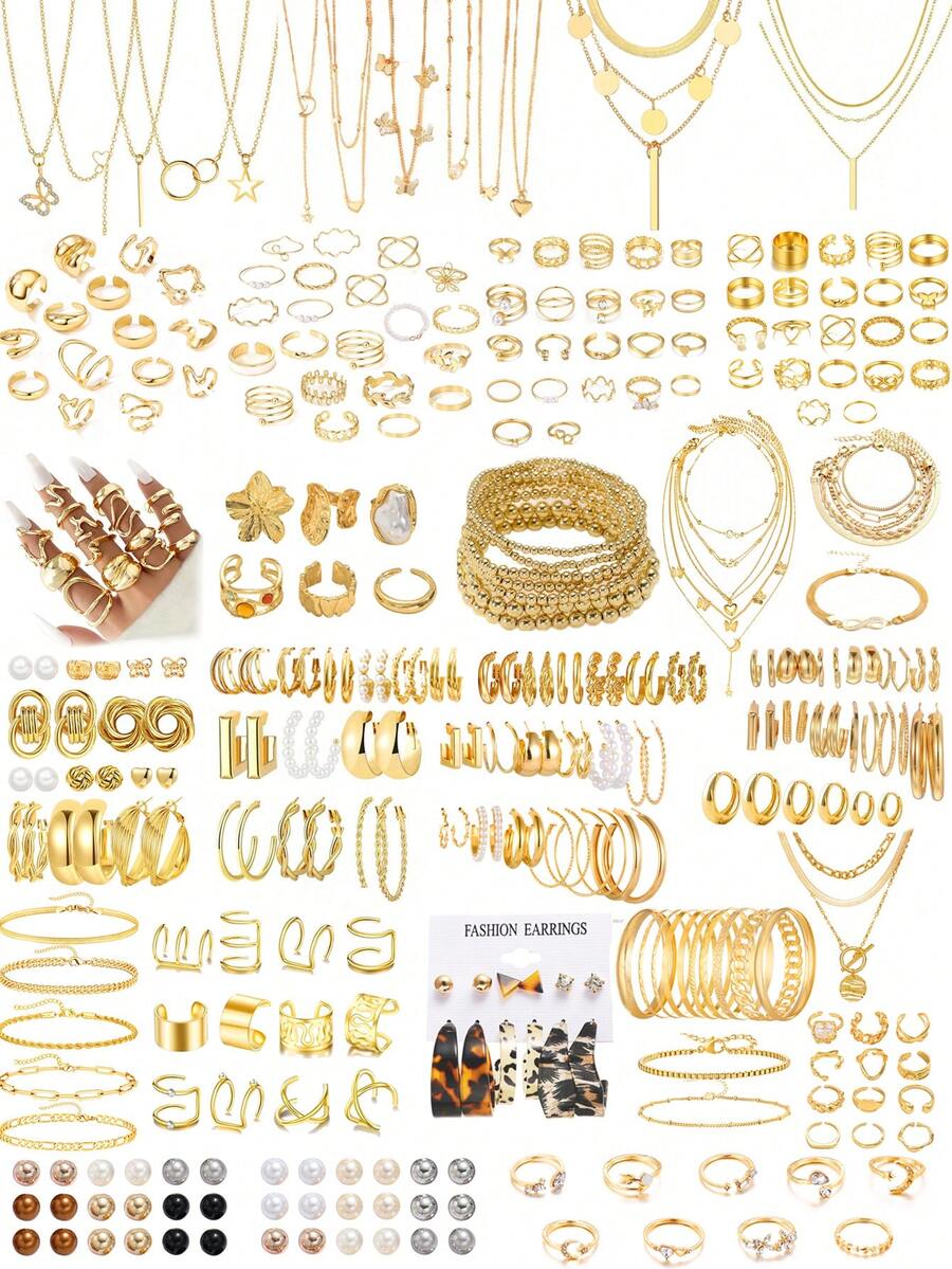 86/70/62/56/43pcs Fashionable Minimalist Elegant Vintage Design Cute Multi-Piece Stackable Chunky Geometric Flower Knot Water Drop Tassel Pendant Round Disc Resin Rhinestone Faux Pearl Faux Gem Star Moon Wave Snake Butterfly OT Clasp 8 Infinity Symbol Twist Knot Chain Snake Bone Chain Box Chain Multi-Layer Smooth Minimalist Plain Circle Cross Leopard Print Multi-Element Metal Style Jewelry Set, Suitable For Holiday, Party, Date, Daily Wear - Yellow Gold - View 1