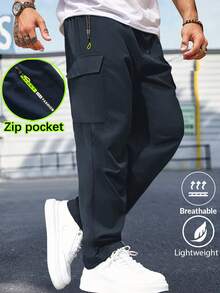 Men's Spring & Autumn Hiking Pants With Zipper Pockets & Drawstring, Straight Leg Casual Running Trousers With Striking NEON Highlight - Blue - View 3