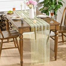 Sage Green Gold Gauze Table Runner 120 Inch 10FT, Glitter Metallic Foil Sheer Dining Wedding Anniversary Holiday Birthday Table Decor For Home Party,28inchx120inch,SageGreen - 鼠尾草綠 - 查看 4