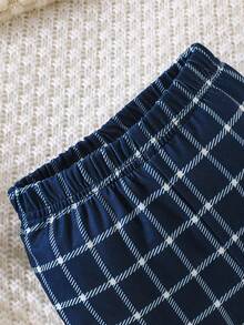 2pcs Newborn Baby Boy Cute Plaid Peter Pan Collar Bear Pattern Top And Plaid Pants Set, Daily Outfit - Blue - View 9