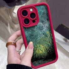 Cubierta de telefono con borde negro y diseño artístico de bosque mágico con luces doradas y siluetas de plantas para iPhone 14 Pro Max ideal para uso diario y estilo urbano - Burdeos - Ver 1