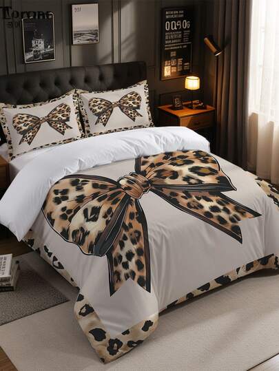 3pcs Leopard Print Bow Bedding Set (1 Duvet Cover + 2 Pillowcases, Comforter Not Included), Featuring Sexy Alluring Leopard Print Design, Soft & Skin-Friendly, Relieving Visual Fatigue, Suitable For All Seasons, Zipper Closure, Applicable For Hotel, Bedroom, Guest Room And Dormitory Bedding Decoration, Low Allergenicity, Easy Care, Fashionable Lightweight, Breathable, Style.