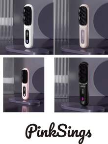PinkSings Cepillo alisador de pelo inalámbrico con pantalla LCD temperatura ajustable, cepillo alisador portátil mini para viajes, peine caliente con iones negativos para el peinado de mujeres, anti quemaduras, revestimiento cerámico
