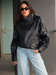 女士时尚仿皮夹克，长袖带口袋和拉链，复古高街新款外套 - 黑色 - 查看 6