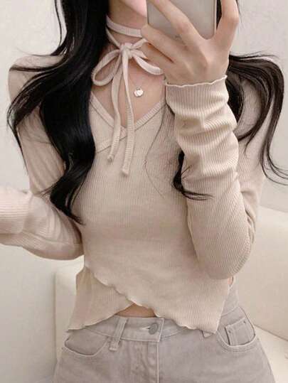 女士休闲纯色针织T恤，春季新品