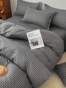 灰色条纹四件套床上用品（1个被套、2个枕套、1个床单），简约优雅风格，无填充，亲肤舒适，适用于单人/双人床，四季皆宜。