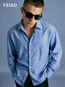 男士复古硬币纹纽扣前襟条纹做旧长袖衬衫，休闲百搭，适合所有季节 - 藍白色 - 查看 1