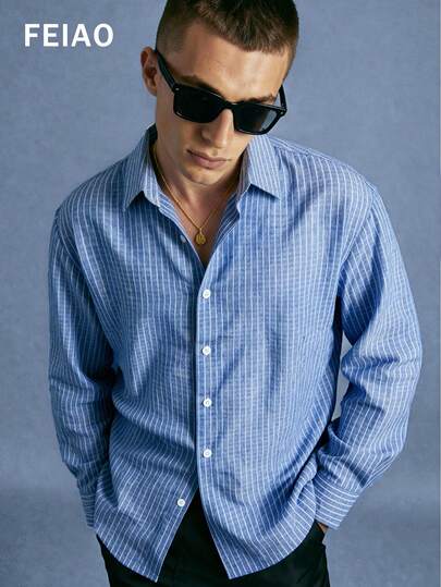 Men's Vintage Coin Style Button Front Striped Distressed Long Sleeve Shirt, Casual Versatile, Suitable For All Seasons