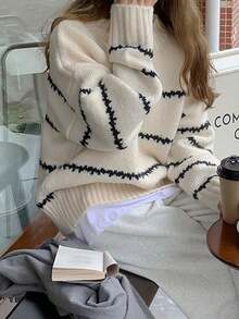 Jerséis de punto para mujer Nuevo otoño/invierno Prenda de punto a rayas Suéter de cuello redondo Prenda exterior Top - Blanco - Ver 4