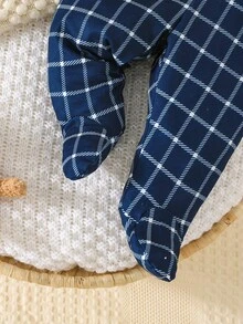 2pcs Newborn Baby Boy Cute Plaid Peter Pan Collar Bear Pattern Top And Plaid Pants Set, Daily Outfit - Blue - View 10