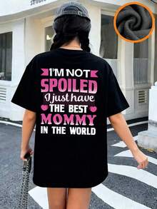 少女学生休闲印花深灰色圆领短袖T恤，夏季上衣 - 黑色 - 查看 7